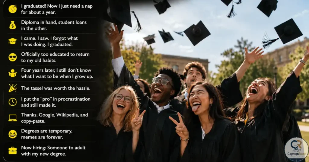 Laughing graduates making playful poses while tossing graduation caps outdoors.