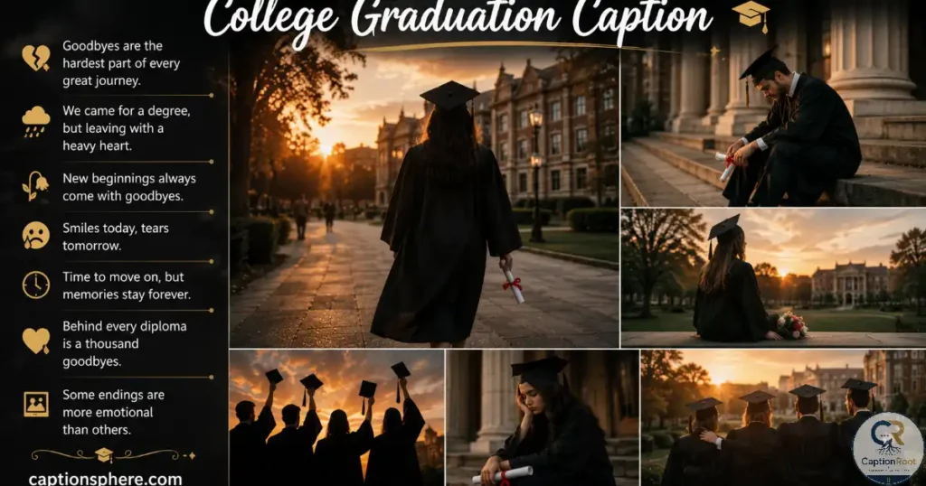 College graduates reflecting and celebrating across campus at sunset with graduation captions.