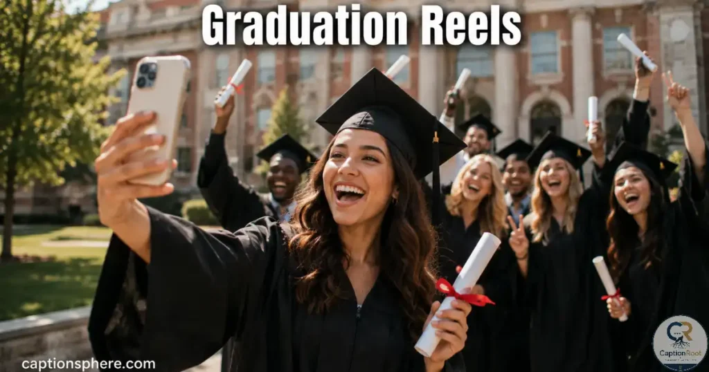 Graduate recording a cheerful cap-and-gown video outside a university building.