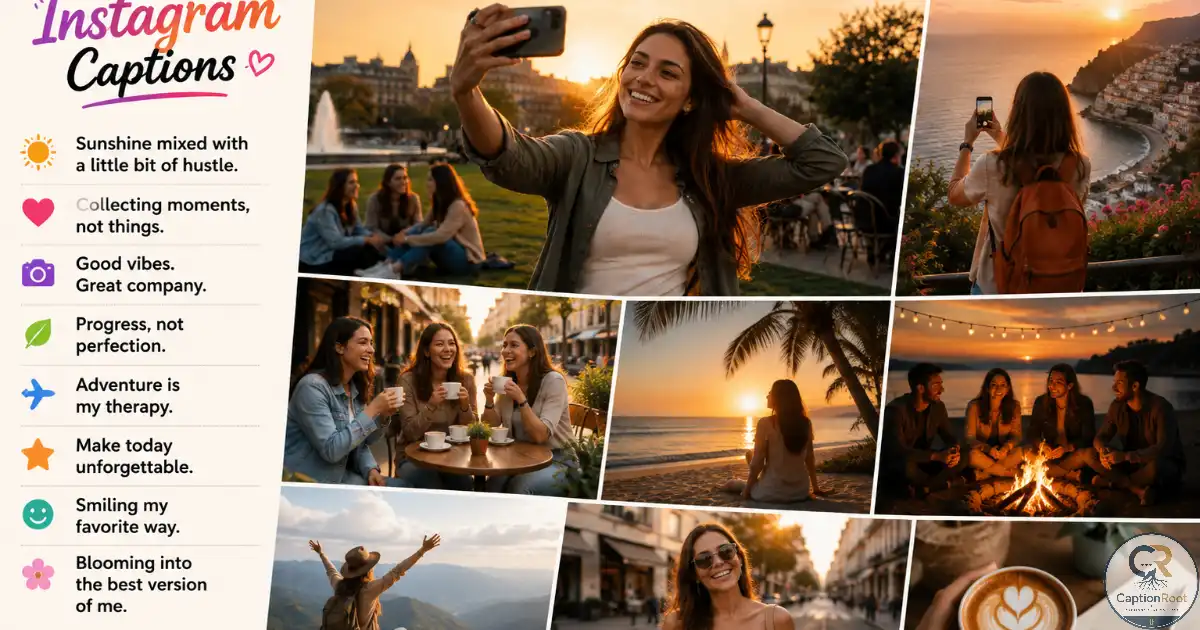 Great Instagram captions with lifestyle, travel, friendship, and sunset photos in a colorful collage.