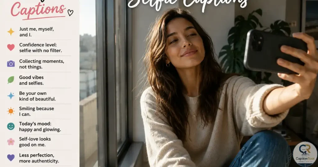 Young woman taking a relaxed selfie beside a bright apartment window.