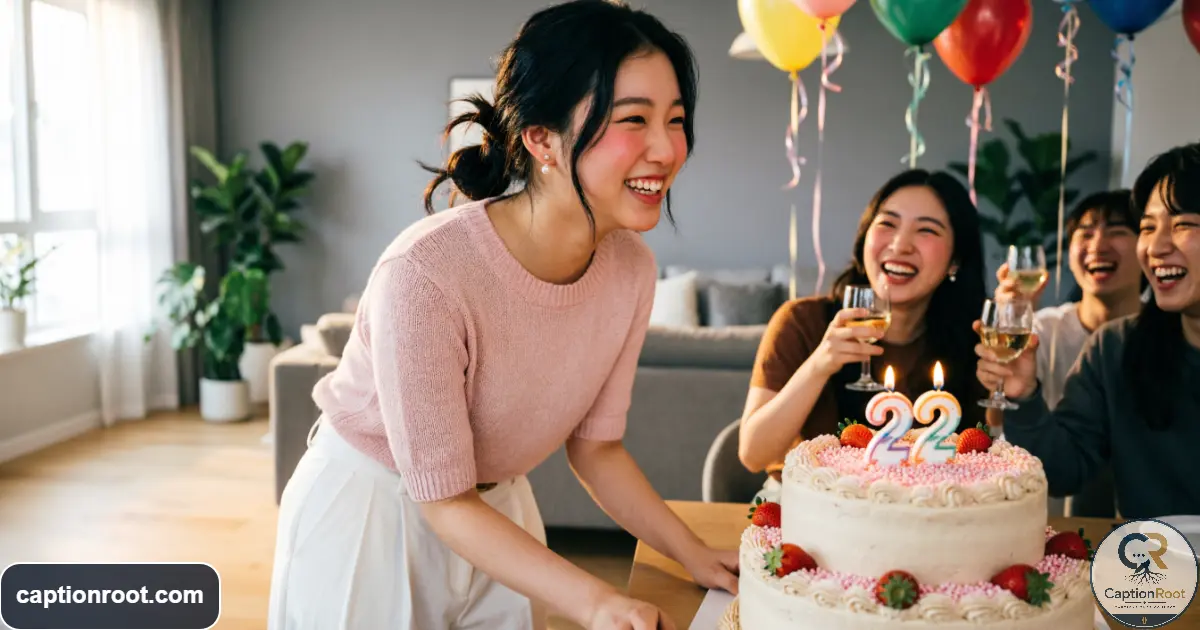 Young adult celebrating a 22nd birthday with cake, candles, balloons, and friends
