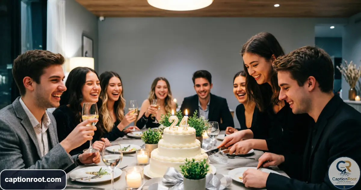 Friends celebrating a 24th birthday together at a stylish evening dinner party
