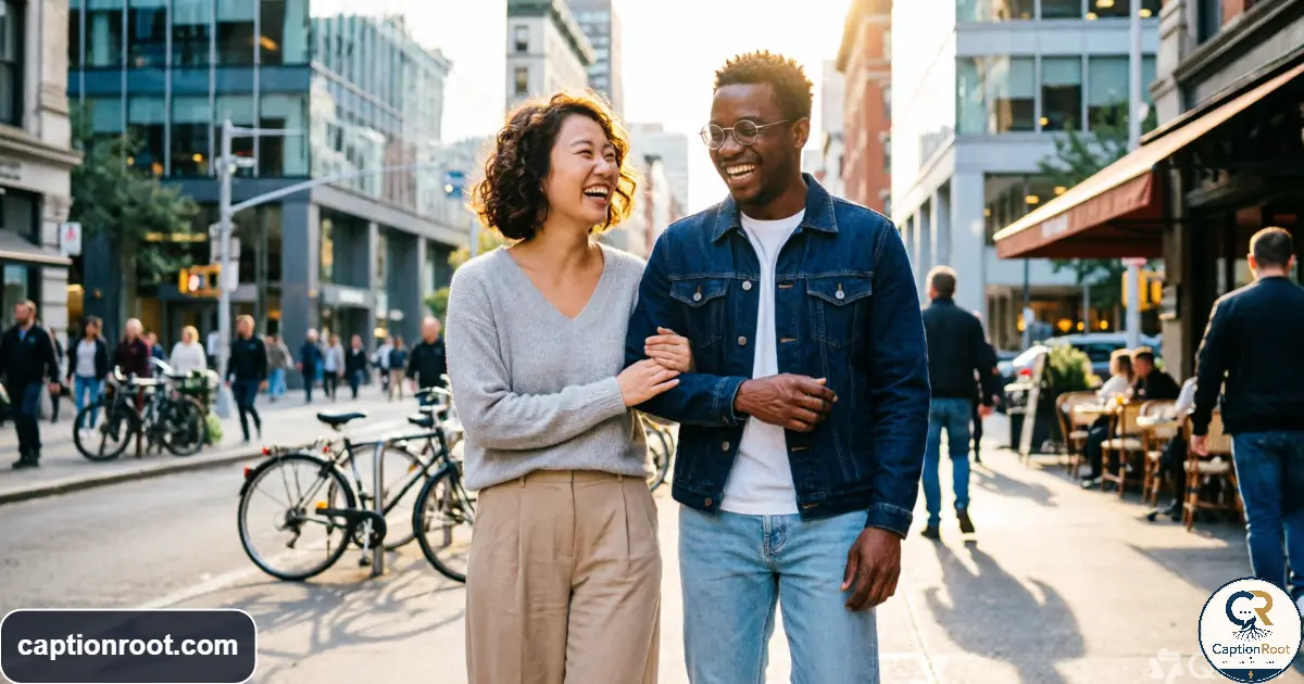 Two best friends laughing together outdoors during a relaxed candid moment