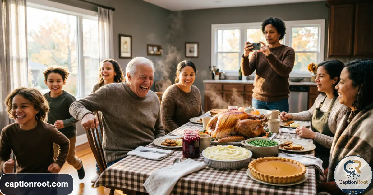 Family laughing and moving around during a candid Thanksgiving gathering
