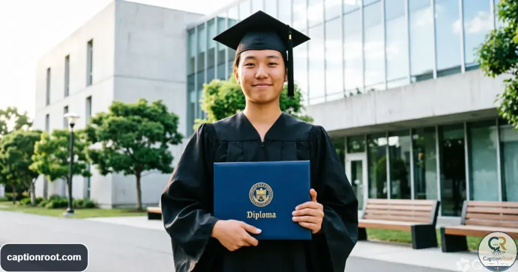 Graduate holding a diploma in cap and gown during a campus celebration

