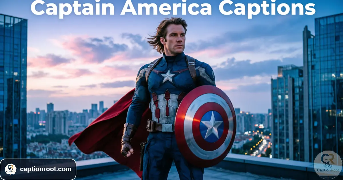 Captain America-inspired hero holding a round shield in a dramatic city setting.