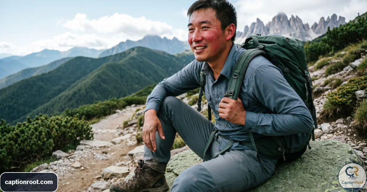 Tired hiker resting after a difficult mountain trail climb