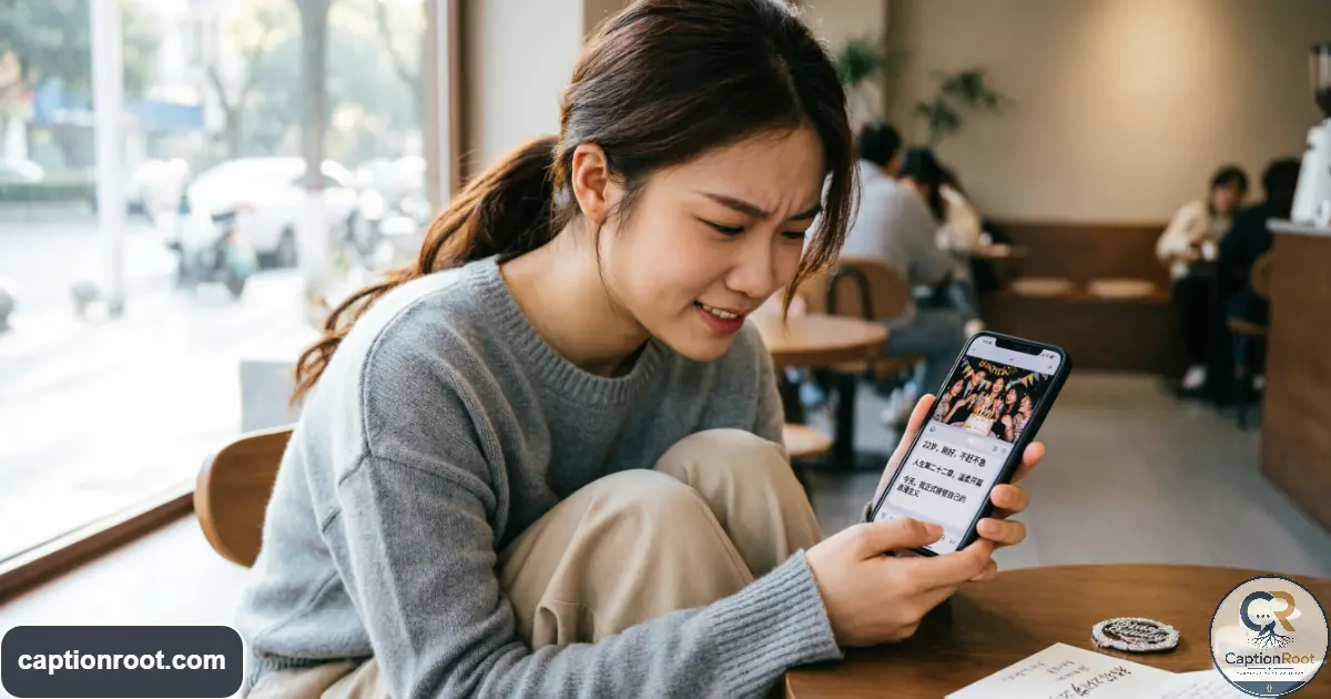 Young adult choosing a birthday caption while reviewing photos on a smartphone
