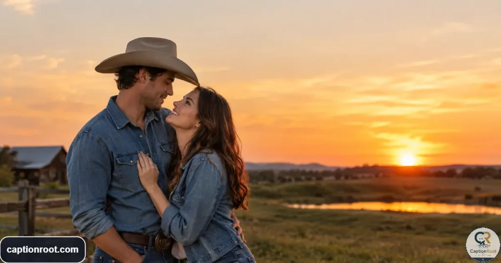 Young couple sharing a romantic sunset moment in a rural outdoor setting