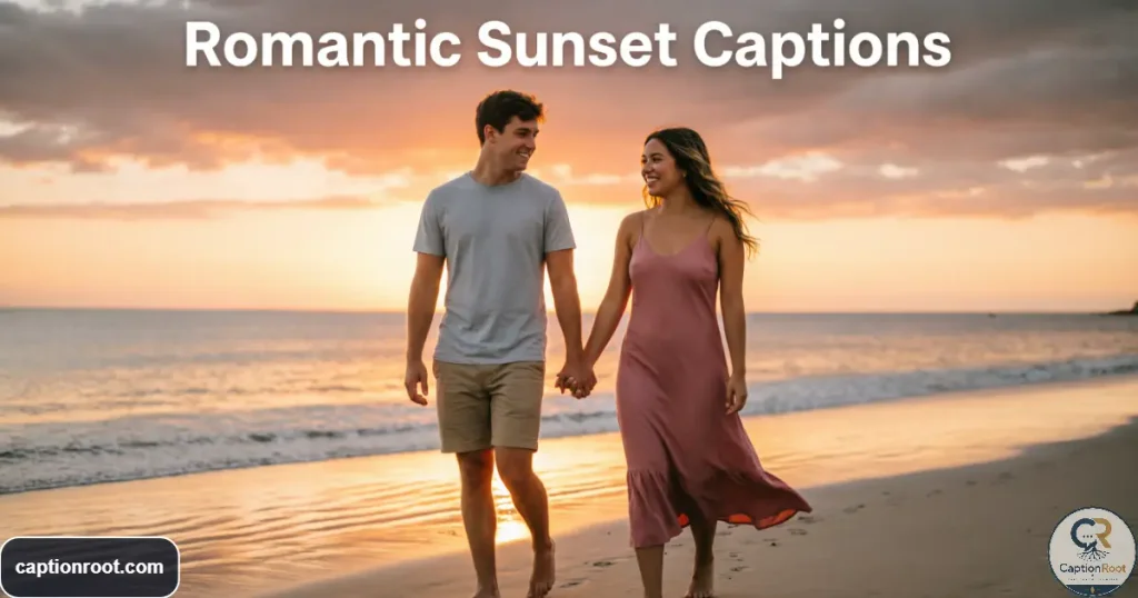 Couple walking together along the beach during a warm romantic sunset