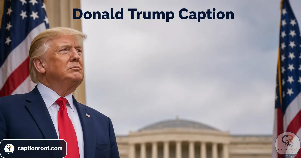 Donald Trump standing confidently at a formal presidential event with American flags.