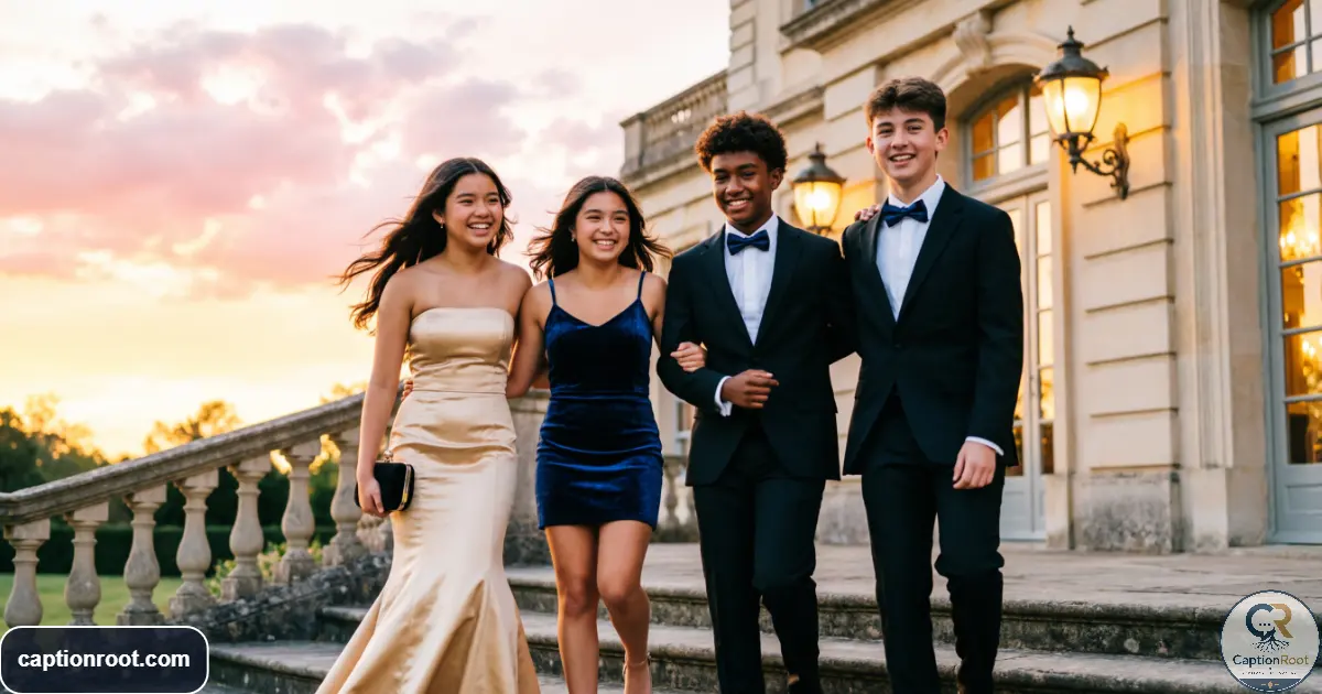 Friends dressed for prom posing together outside at golden hour
