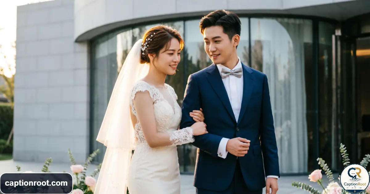 Newlywed couple posing together outdoors after their wedding ceremony