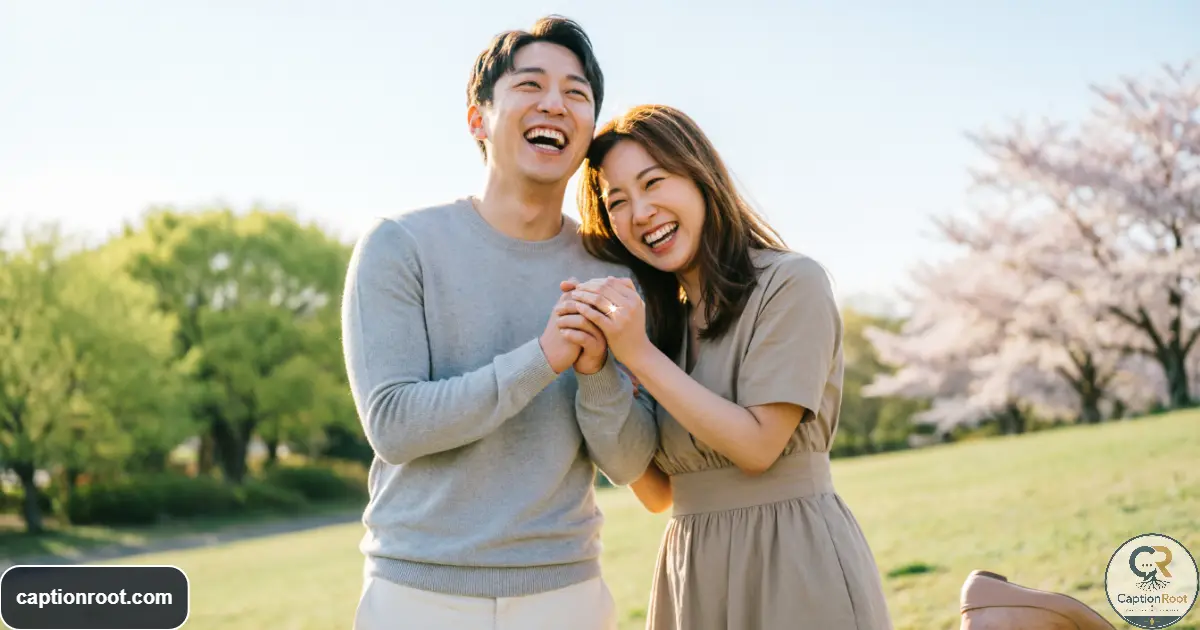Newly engaged couple laughing together while showing their engagement ring

