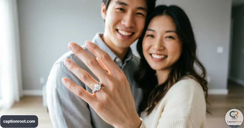 Close-up engagement ring selfie with a smiling couple softly visible behind
