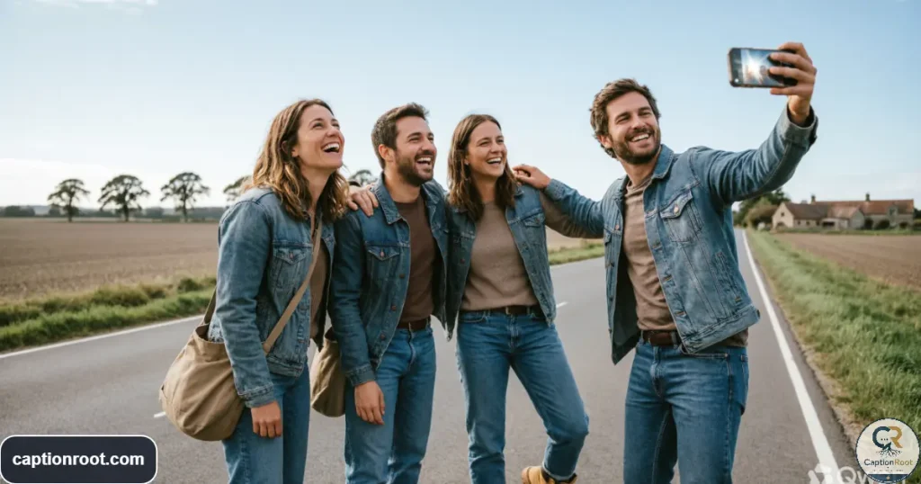 Group of friends laughing together outdoors during a relaxed country road trip

