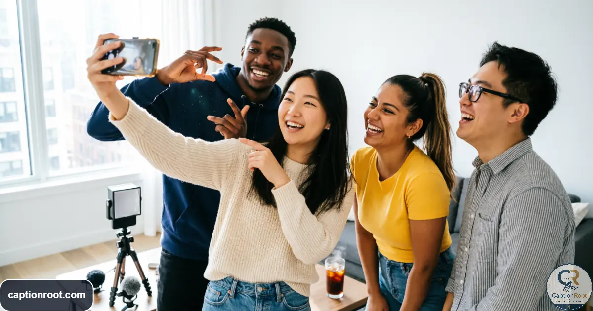 Friends laughing while creating casual social media content together
