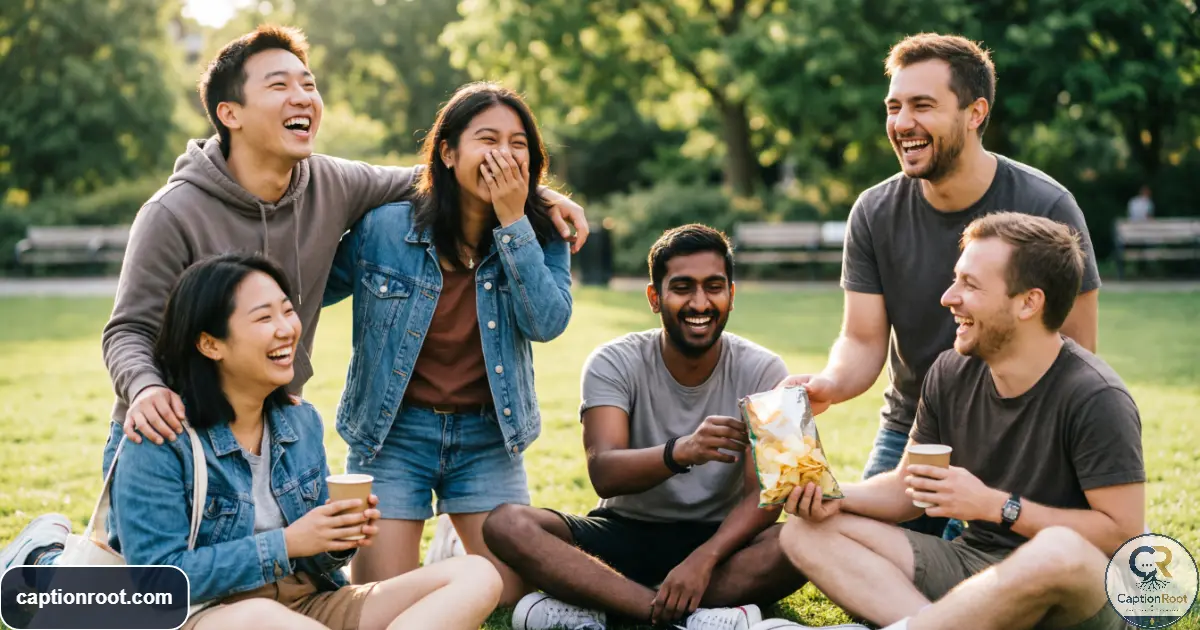 Group of friends laughing together during a casual outdoor hangout