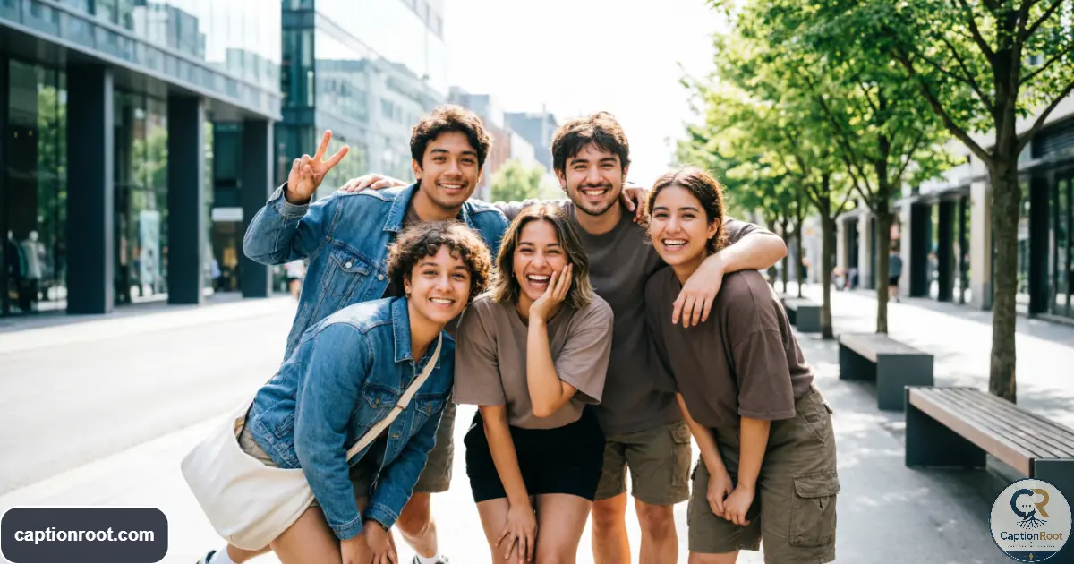 Friends posing together for a casual Instagram photo outdoors
