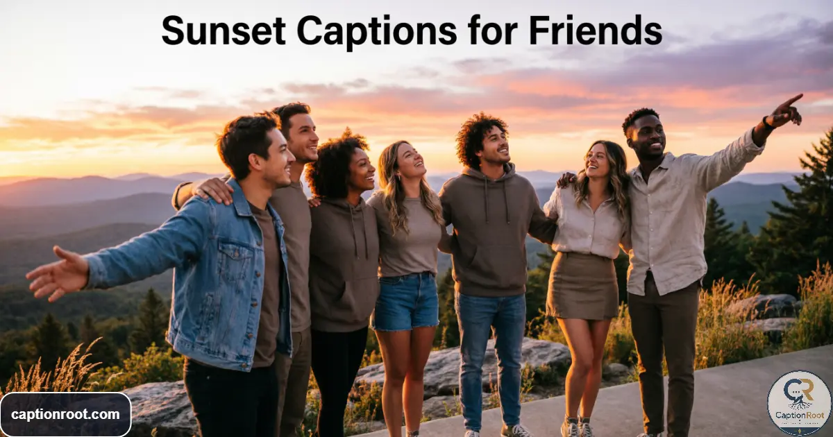 Group of friends enjoying a colorful sunset together outdoors