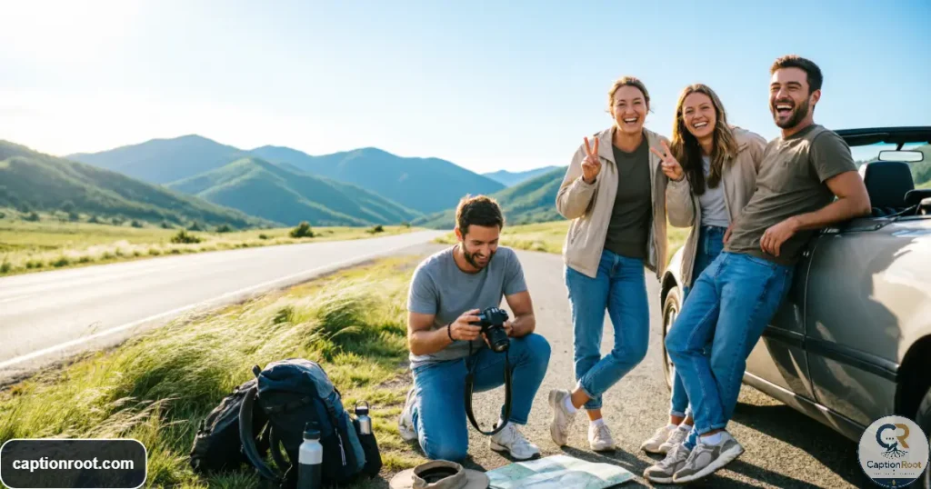 Friends enjoying a spontaneous road trip stop together outdoors
