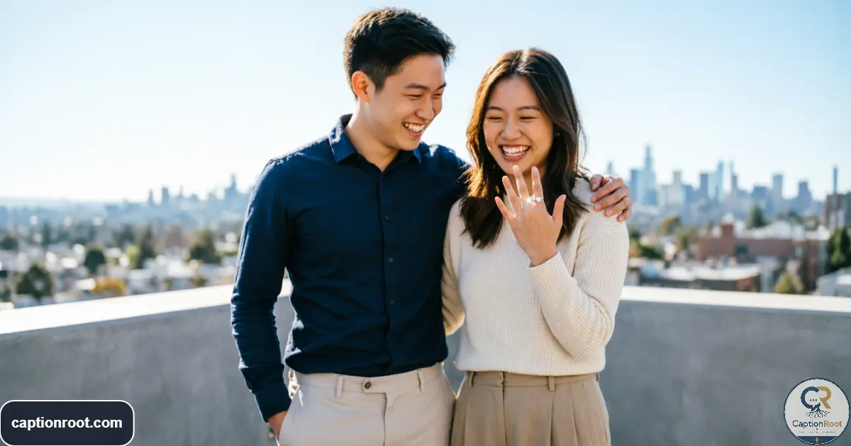 Engaged couple laughing together while showing an engagement ring