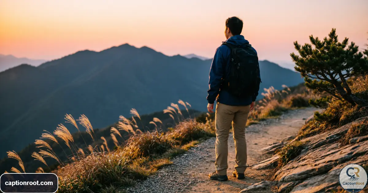 Hiker watching a colorful sunset from a mountain trail
