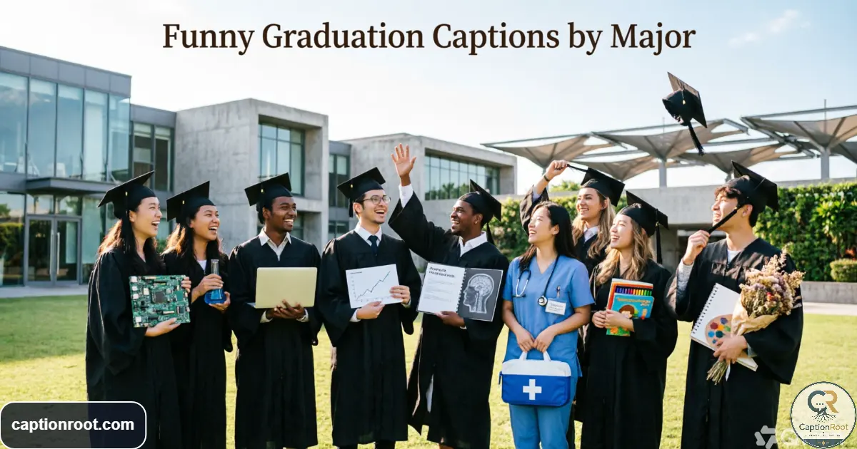 Graduates from different majors celebrating together on a college campus
