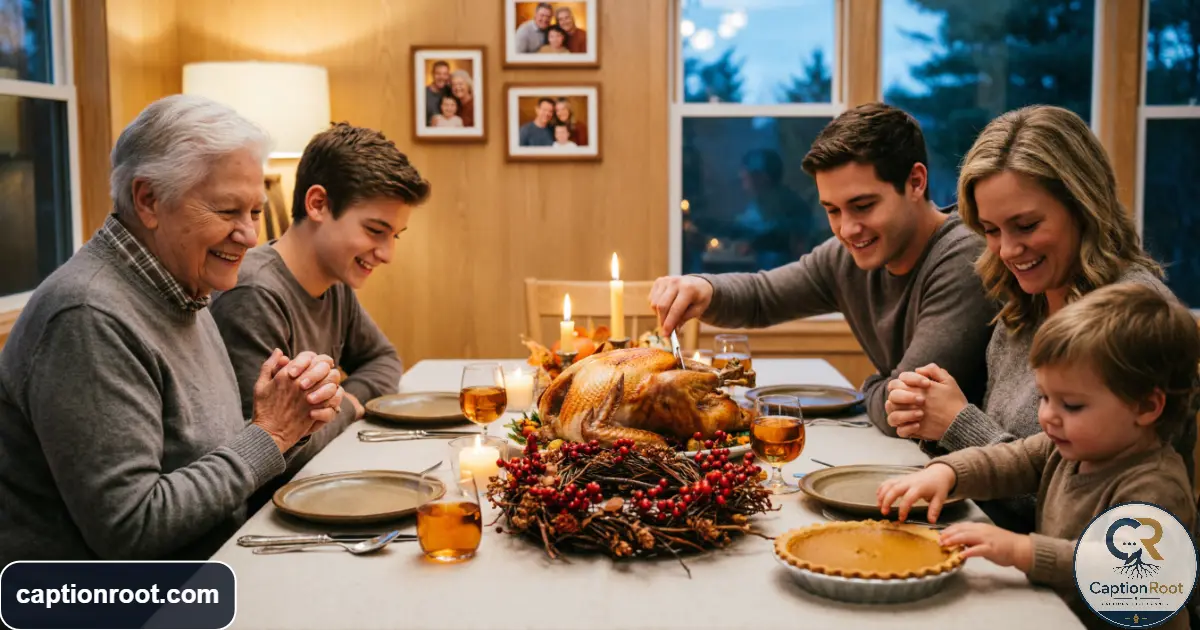 Family sharing a warm Thanksgiving moment around a softly lit dinner table
