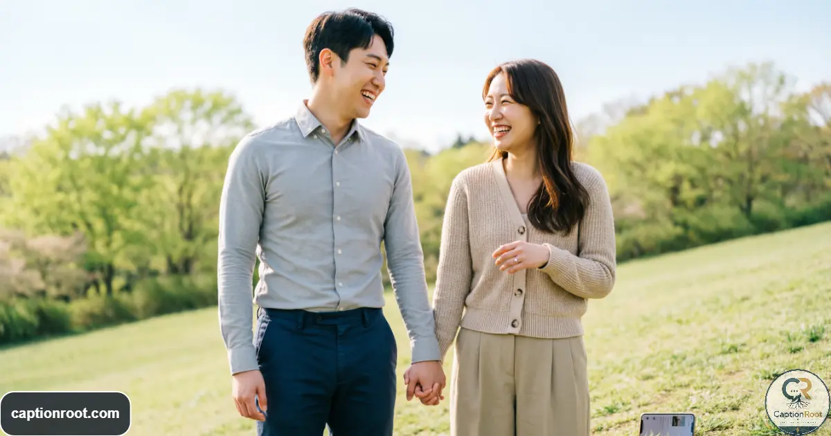 Couple celebrating their engagement together during a relaxed outdoor announcement
