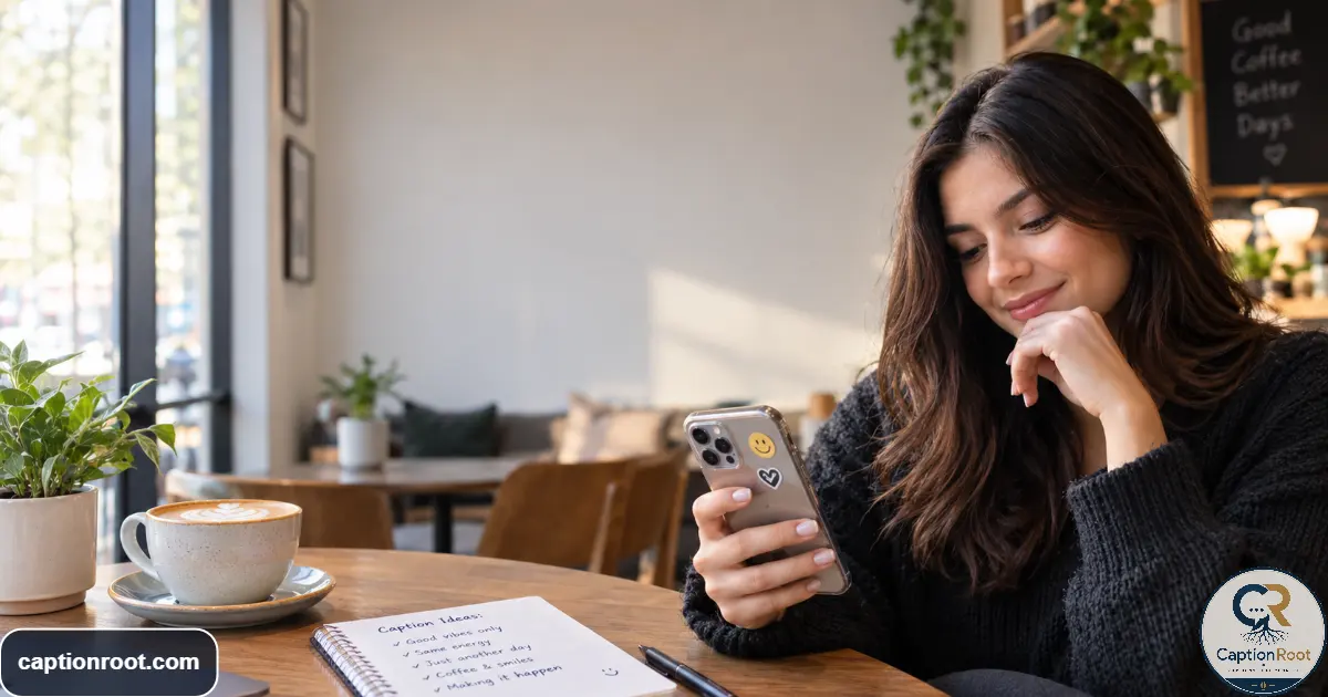 Young adult choosing a caption for an Instagram post on a smartphone