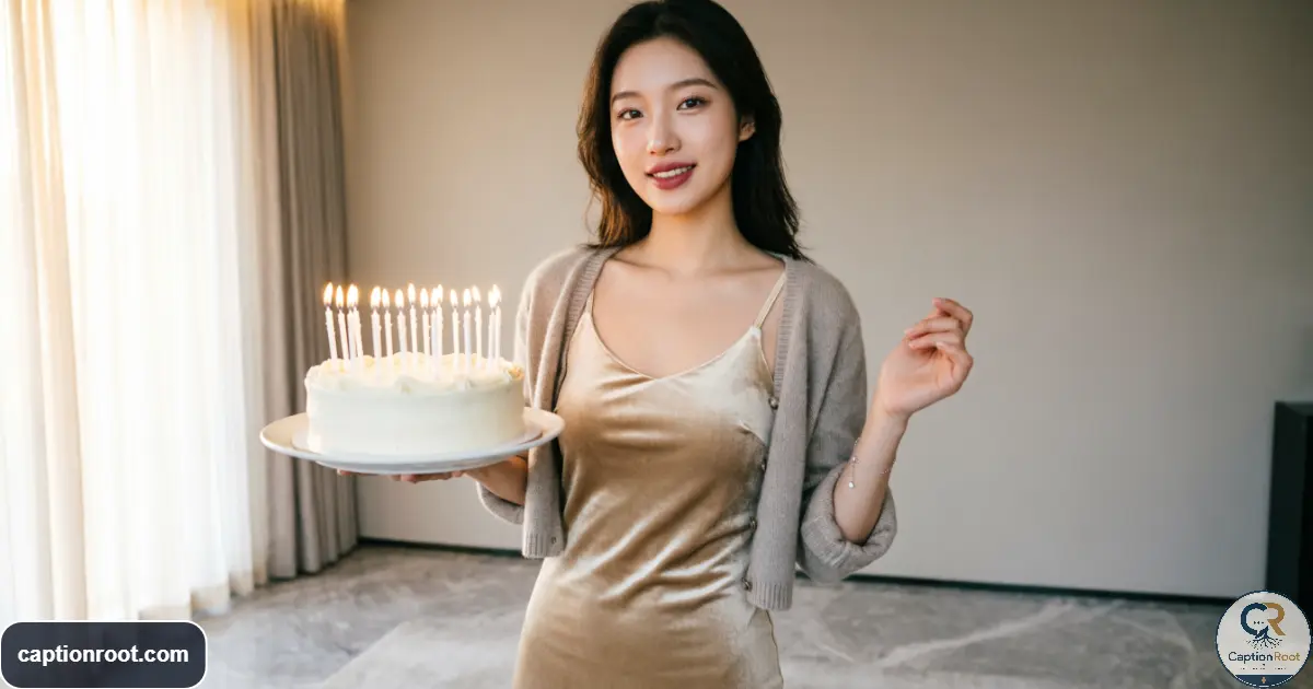 Young adult celebrating a 20th birthday with cake and stylish party details