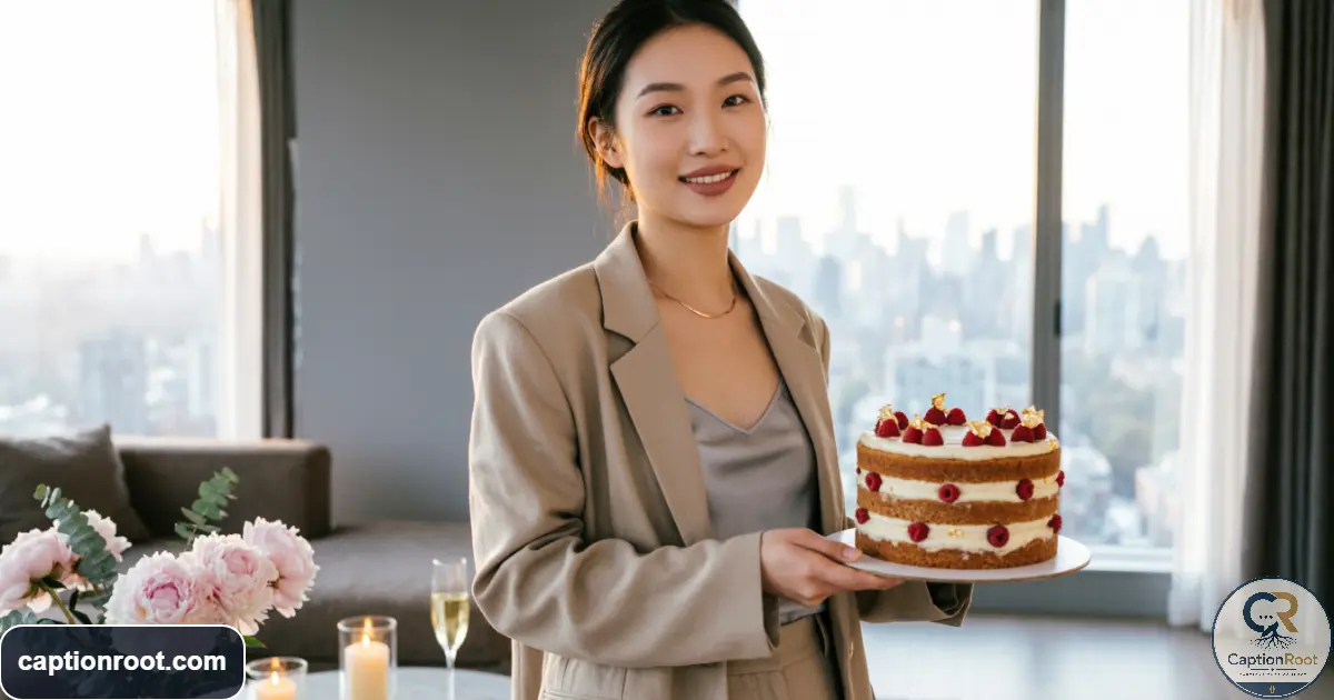 Young adult celebrating a 24th birthday with cake and stylish birthday decorations