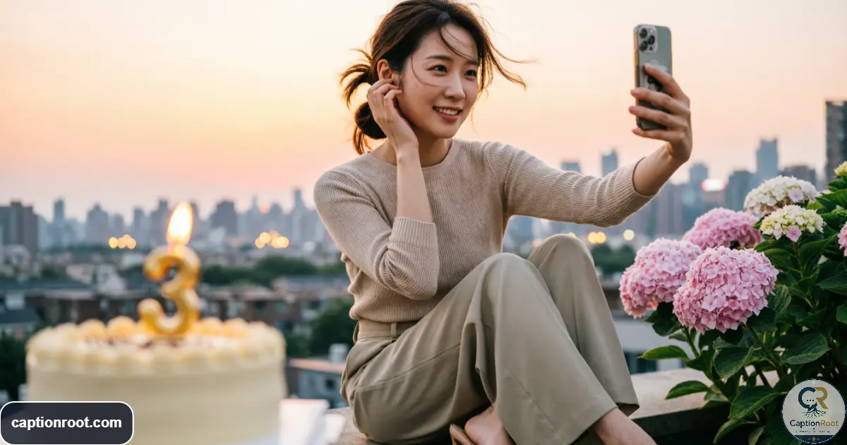Young adult taking a stylish birthday selfie outdoors with soft evening light