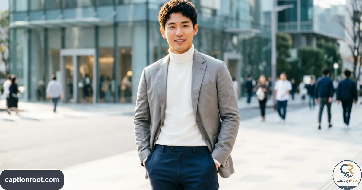 Stylish young man posing outdoors with space for a Guy Captions heading