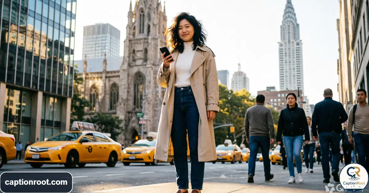 Young adult taking a stylish New York street photo with Manhattan buildings behind
