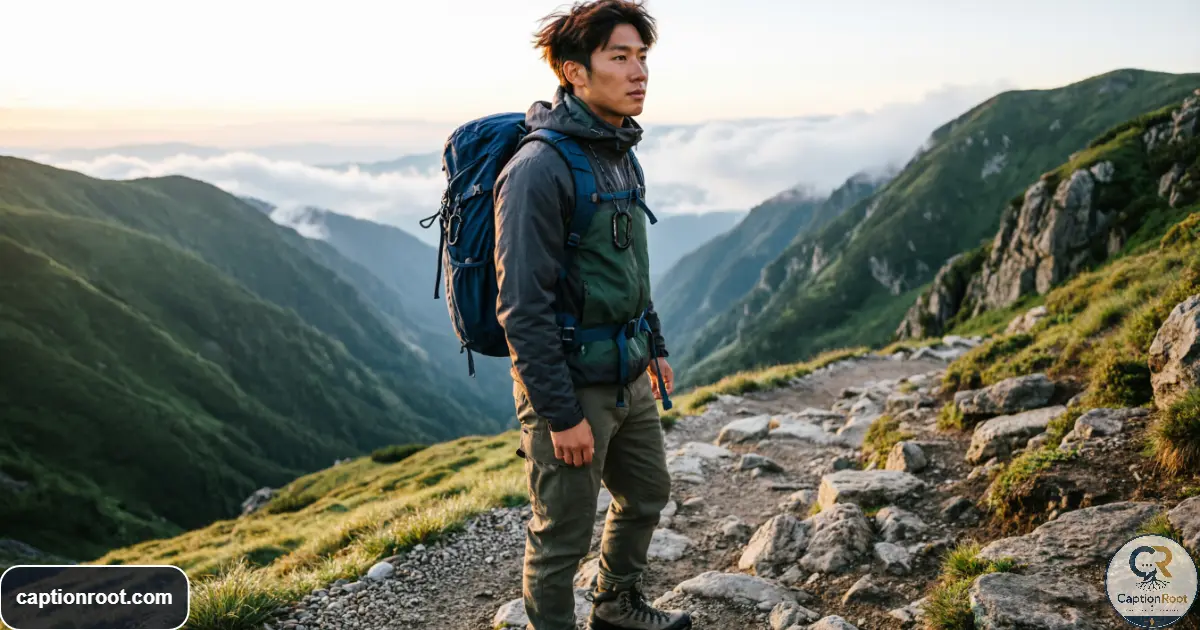 Hiker standing on a mountain trail overlooking a scenic valley