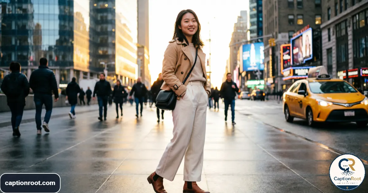 Young adult posing on a New York street with skyscrapers and city lights behind them