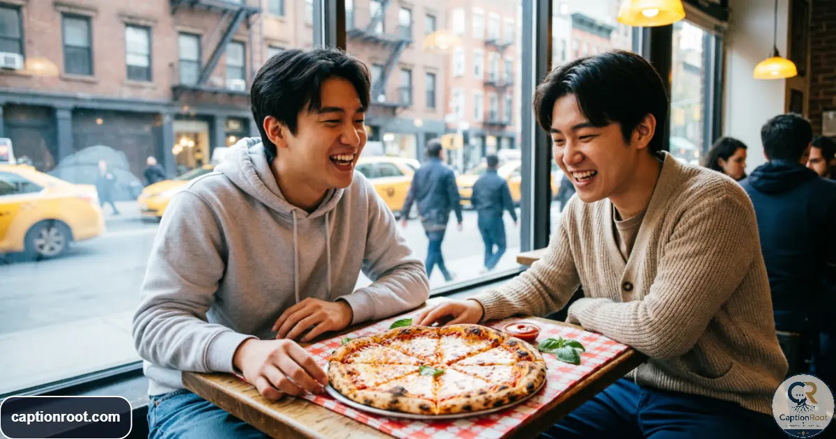 Friends enjoying classic New York pizza at a casual city restaurant
