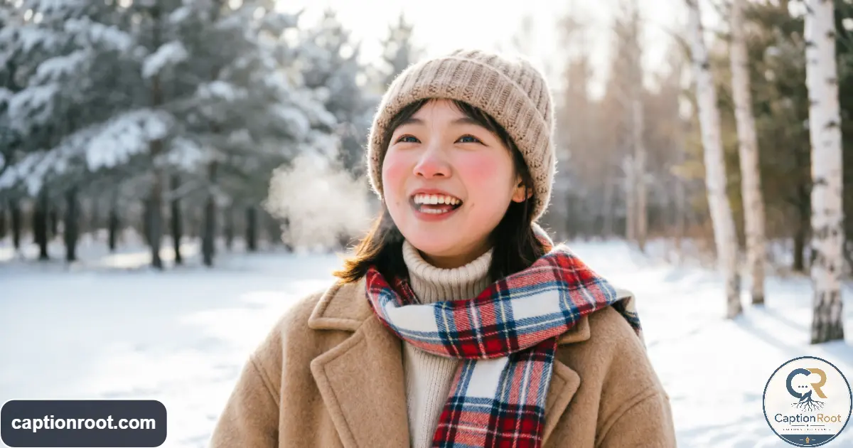 Young woman smiling in fresh snow during a cheerful winter afternoon
