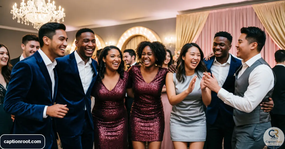 Diverse group of friends celebrating together in formal prom outfits