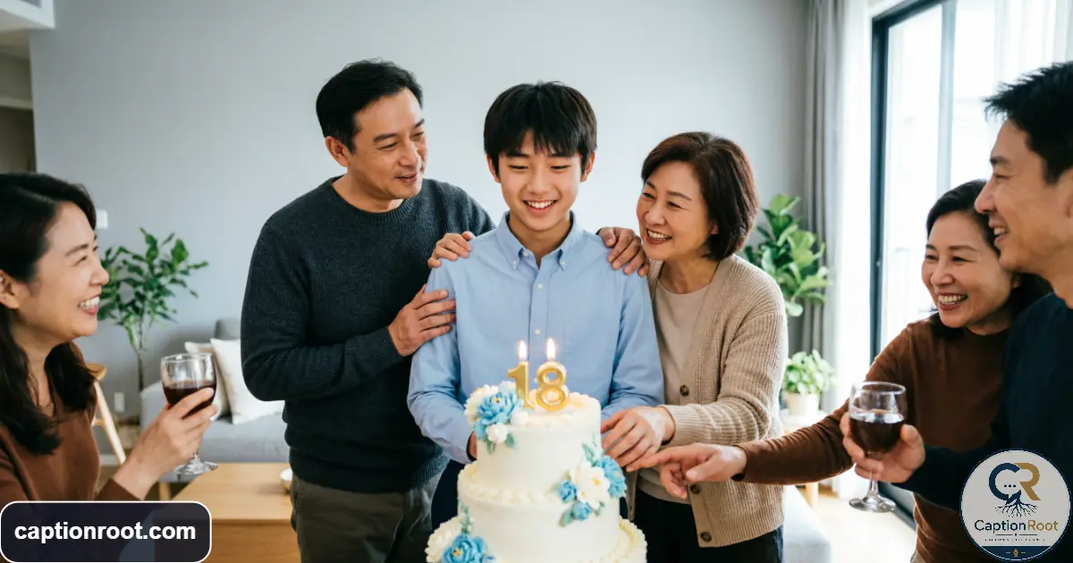 Family celebrating an 18th birthday with cake and a proud parent