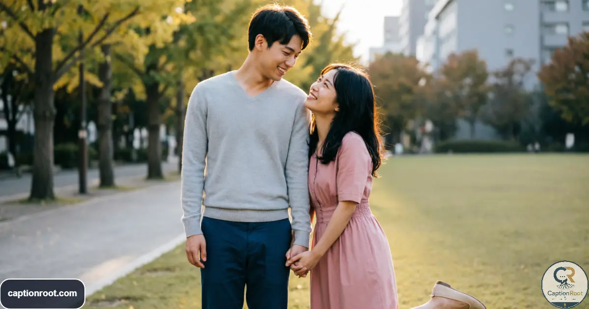Young couple celebrating their one year anniversary together outdoors