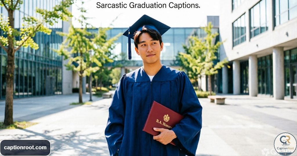 Graduate posing in cap and gown with a playful sarcastic expression
