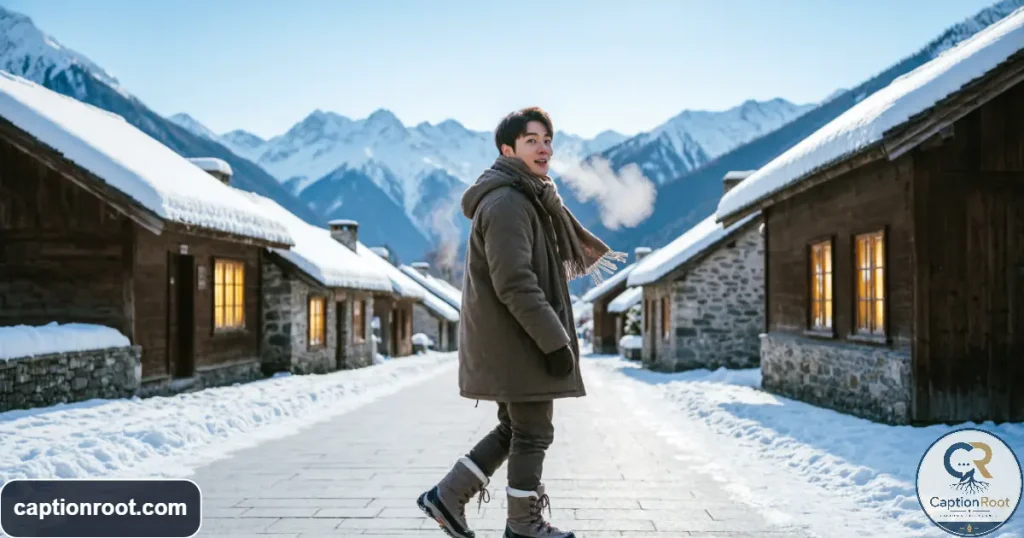 Traveler exploring a snow-covered destination surrounded by mountains
