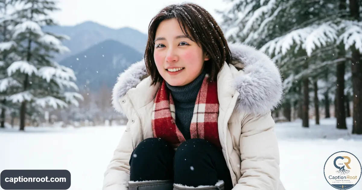 Young woman smiling outdoors during fresh snowfall in a winter landscape