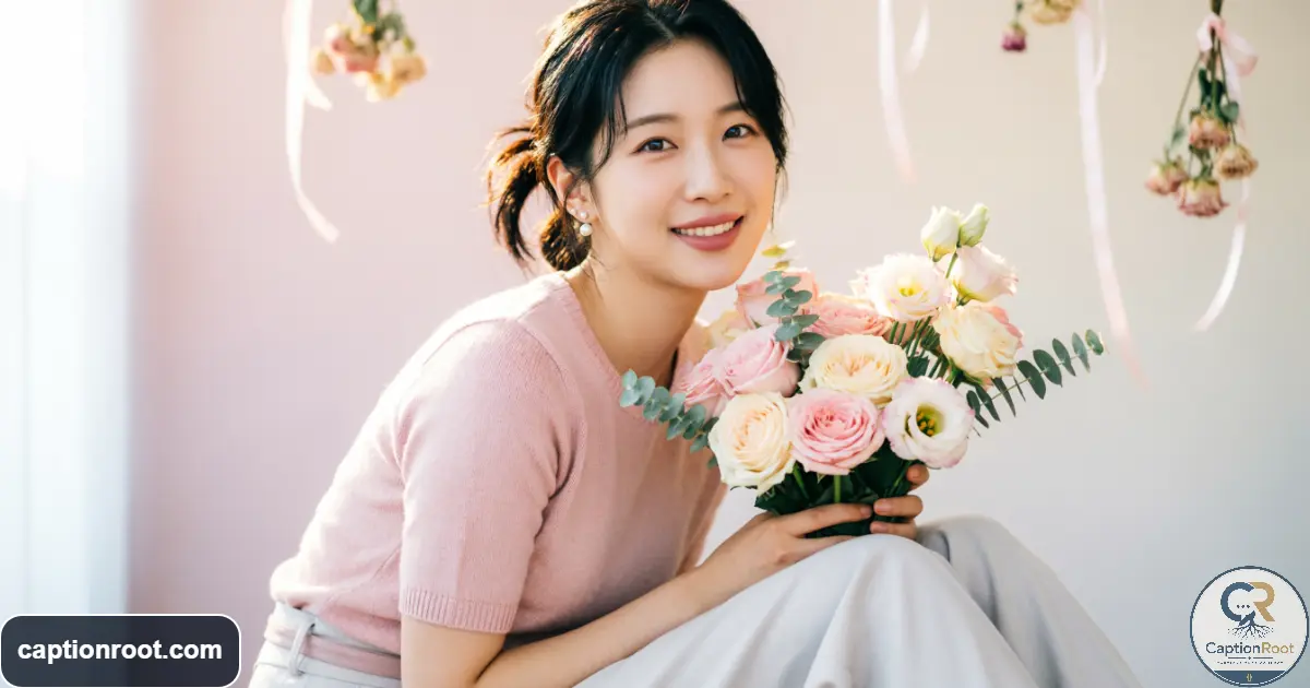 Young woman celebrating her 24th birthday with flowers and a soft pastel aesthetic
