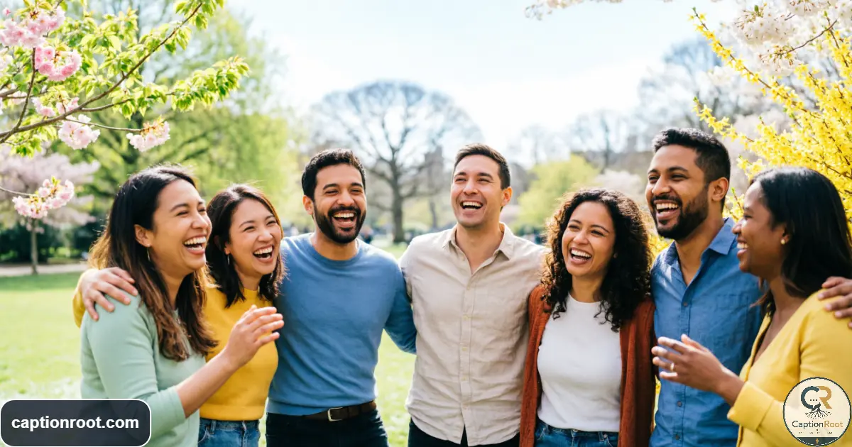 Friends enjoying a sunny spring day together outdoors in a lively group photo