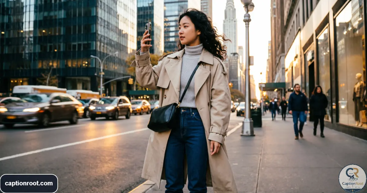 Young adult posing on a New York street with skyscrapers and city lights